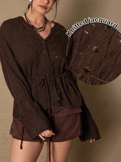 SHEIN VCAY Plus Size Casual Vintage Solid Color Drawstring Waist Cardigan, Autumn/Winter