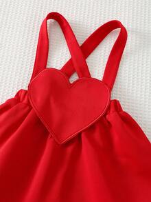 Cozy Pixies Baby Girl Valentine's Day Red Heart Shaped Pinafore Dress With Soft Knit Crew Neck Long Sleeve Romper Set, Cute & Comfortable, Versatile For Indoor, Outdoor Casual, Back To School, Daily, Sports, Play, Party Valentines Day Baby Clothes Baby Girl Dress With Hearts Baby Girl Clothes Spring Fall Dress For Baby Girl Red - Khaki - View 4