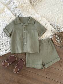 SHEIN 2pcs Baby Boy Casual Soft Lightweight Pure Cotton Polo Collar Green Short Sleeve Shirt And Shorts Set - Army Green - View 5