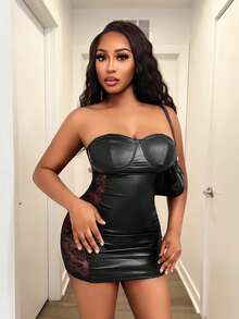 BamGleam Ladies' Strapless Backless Lace-Spliced See-Through Black Mini Dress, Coated Bodycon Elegant Party Outfits For Summer, Techno, Club Night, Rave - Black - View 4