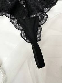 SHEIN 女士镂空花朵蕾丝边修身性感丁字裤内衣 - 黑色 - 查看 3