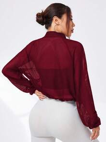 Easithlete Women's High Neck Sheer Sexy Jacket With Pockets, Casual Sports Running Fitness Outdoor Activities Long Sleeve Jacket - Burgundy - View 2
