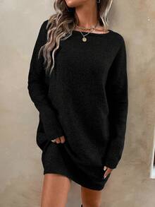 EMERY ROSE Women's Solid Color Boat Neck Long Sleeve Casual Vacation Knit Dress - Black - View 6