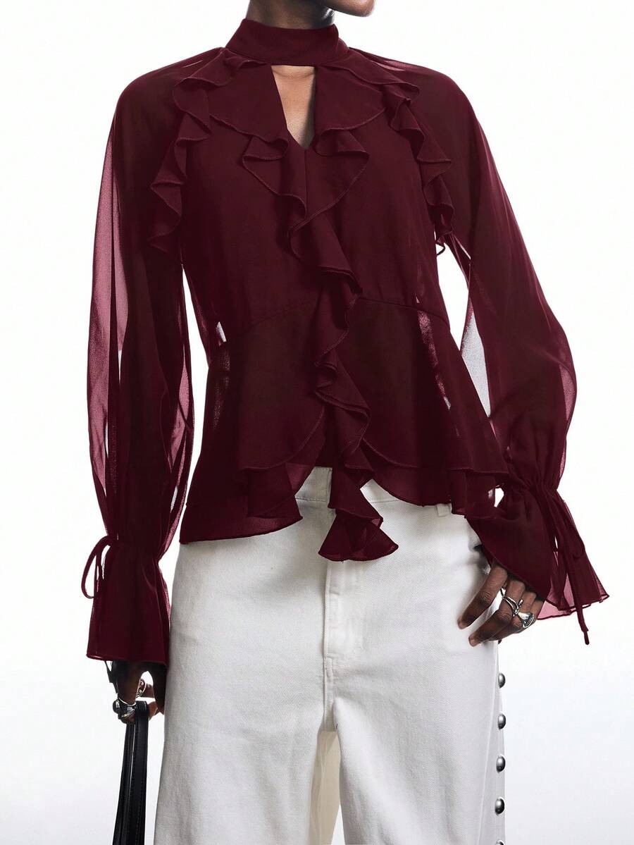 LYSMO Women's Solid Color Keyhole Neck Flare Sleeve Ruffle Trim Fashion Blouse - Burgundy - View 1
