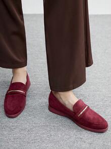 CUCCOO BIZCHIC 女士时尚勃艮第绒面革舒适休闲乐福鞋，适合通勤、户外、工作、日常穿着 - 酒紅色 - 查看 10