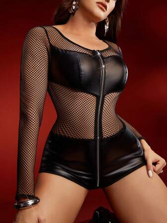 Empress Envy 性感女式紧身连衣裤，拉链，网眼拼接，亮面 PU 皮革，迷人，女强人，办公室警察，酒吧，派对，化妆舞会