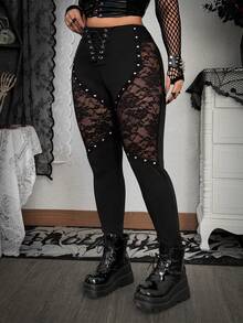 Whyspr Plus Size Metal Contrast Lace Gothic Knit Elastic Sexy Leggings