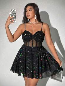 Viva Relle Váy ngắn chữ A lưng thun co giãn, dây mảnh, lưới lấp lánh, thanh lịch và gợi cảm cỡ lớn dành cho nữ, thích hợp cho tiệc tùng và tụ tập, mùa xuân/hè - màu đen - Xem 1