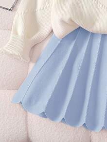 SHEIN 2 pièces Ensemble pour Jeunes Filles, Pull en Tricot Assorti avec Nœud Mignon et Jupe Plissée, Doux et Confortable, Adapté pour l'Hiver - Bleu azur - Voir 3