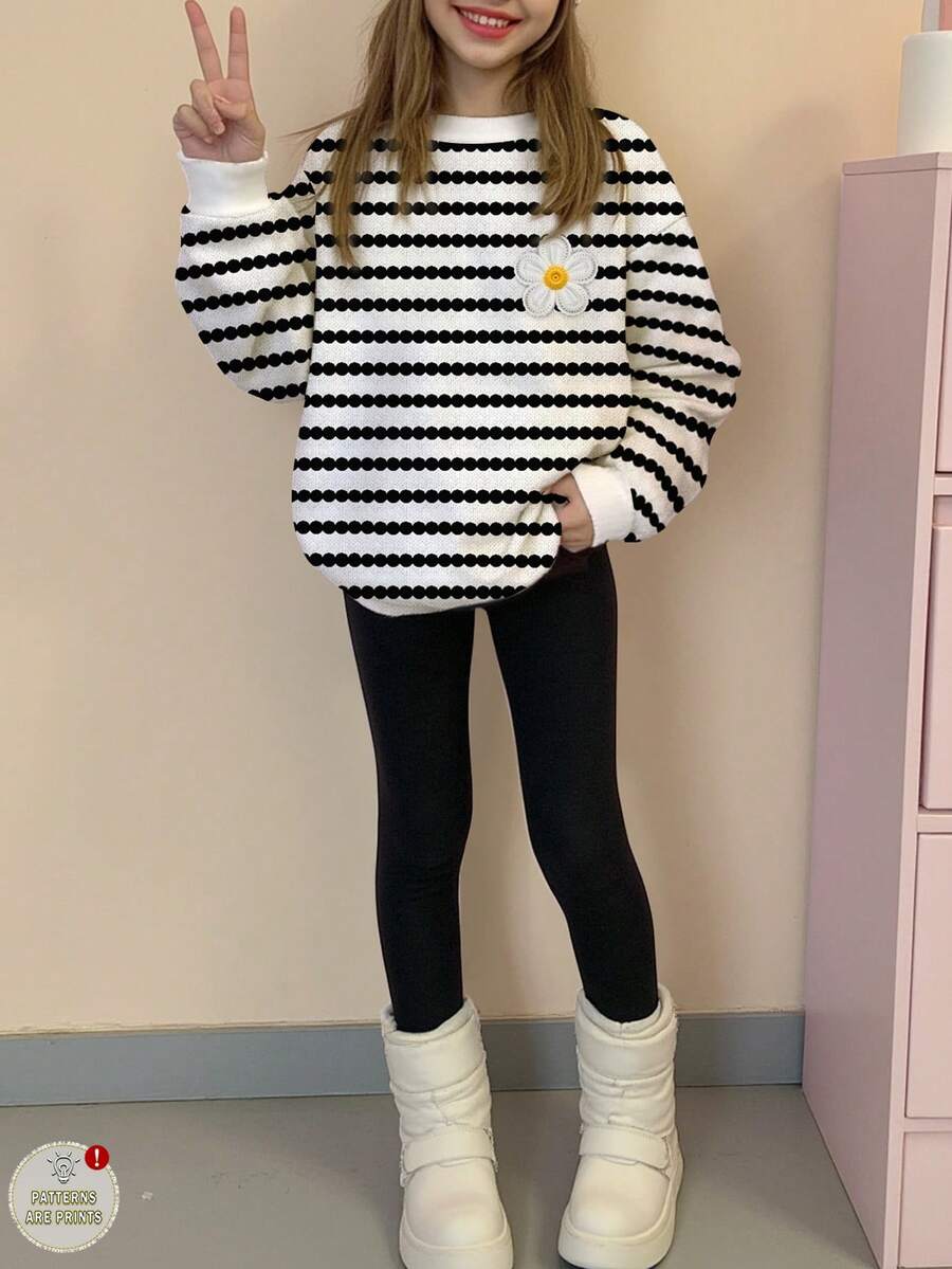 Bộ 2 chiếc/Bộ áo nỉ dài tay cổ tròn in họa tiết sọc và hoa thường ngày cho bé gái tuổi teen, phối màu đen trắng, trang phục ấm áp mùa thu đông - Nhiều màu - Xem 1