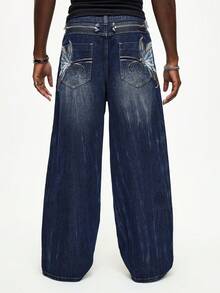 ROMWE MEN Street Life Men's Casual Washed Butterfly Embroidered Denim Jeans - Blue - View 3