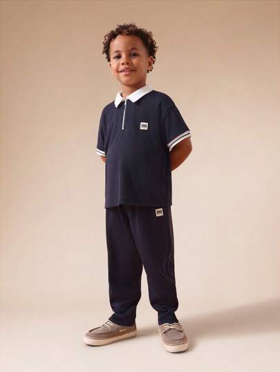 SUMWON Navy Blue Collared Polo Shirt And Matching Pants Set For Young Boys Casual Everyday Wear Ribbed Texture Comfortable Fit