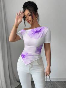 Elenzga Floral Print Fitted Asymmetric Collar Short Sleeve Women T-Shirt - Purple - View 4