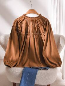 CosyJoli Plus Size Women's Solid Color Frill Trim Front Tie Long Sleeve Fashionable Blouse Coffee Brown Top Lantern Sleeve Blouse Brown Blouses - Brown - View 2