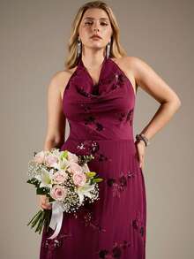 Auralis 加大码勃艮第网眼亮片刺绣垂坠领口系带 A 字形派对、情人节、约会之夜、宴会长裙 - 酒紅色 - 查看 4