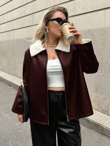 SHEIN Essnce 大码女装秋冬时尚休闲宽松舒适日常保暖黑色PU皮夹克，冬装外套，街头风，女士冬装 - 棕色 - 查看 9