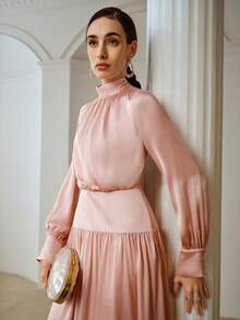 ZEYLAH Satin Ribbon Collar Long Sleeve Dress, Romantic For Valentine's Day, Spring/Summer - Pink - View 2