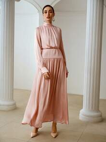 ZEYLAH Satin Ribbon Collar Long Sleeve Dress, Romantic For Valentine's Day, Spring/Summer - Pink - View 4