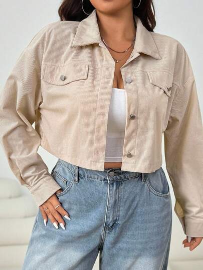 Truni Plus Size Women Solid Color Drop Shoulder Long Sleeve Single-Breasted Casual Jacket,Fall,Winter,Back To School,Corduroy Fabric,Button Up Coat Autumn