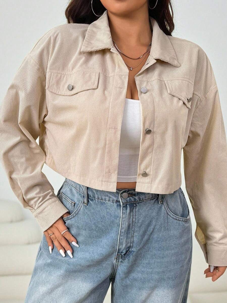 Solflare 大码女式纯色落肩长袖单排扣休闲夹克 - 卡其色 - 查看 1