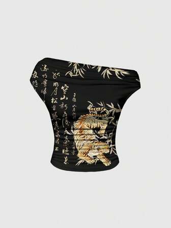 ROMWE Avant تي شيرت نسائي بطبعة كاملة لنمر وخط صيني كلاسيكي بطراز صيني قديم، كتف واحد مكشوف وجذاب