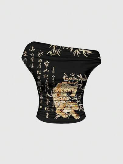 ROMWE Avant Maglietta da donna con stampa vintage asimmetrica alla spalla, con tigre e calligrafia cinese in stile vintage e sensuale