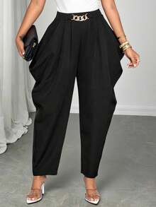 SOLERSUN 女士时尚休闲优雅宽松褶裥口袋纯色腰带细节西装裤通勤日常百搭四季 - 黑色 - 查看 6