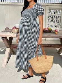 SHEIN Maternity Plaid Ruffle Hem Puff Sleeve Dress, Fashionable For Parties,Maternity Clothes - Black - View 3