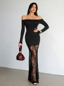SHEIN Tall Women's Elegant Romantic Date Sexy Party Black Off Shoulder Long Sleeve Lace Waist Tight Asymmetrical Hem Lace Patchwork Maxi Dress, Autumn - Black - View 3