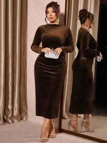 Cravure 大码女式纯色长袖褶皱修身优雅连衣裙 - 棕色 - 查看 8