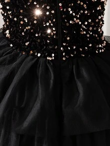 Sparklyn Váy xếp ly lưới sequin lấp lánh một bên vai dành cho thiếu niên, Váy 3 lớp cho trẻ em - màu đen - Xem 6