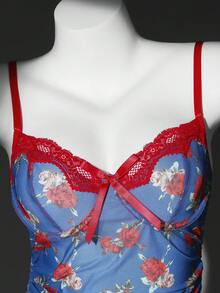 Seduluxe 复古蕾丝拼接花卉修身A字吊带裙，性感女士睡袍 - 藍色 - 查看 9