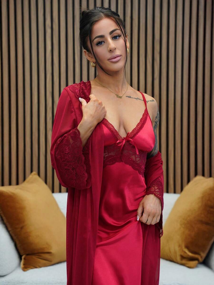 SAYEHFBABY Elegant Satin Lace Long Robe Nightgown Pajama Set For Women, Girl Style - Burgundy - View 1