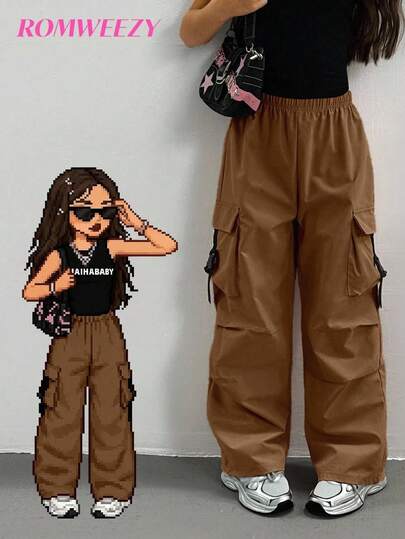 Sparklyn 少女纯色弹力腰带工装口袋褶皱裤