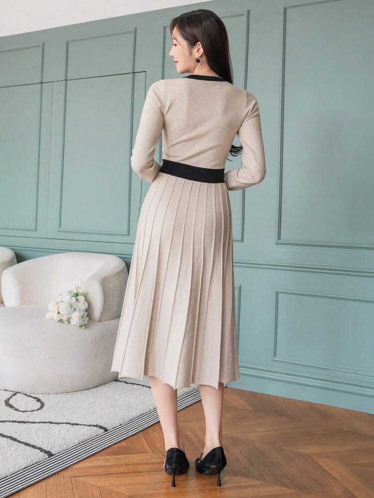 Women's Casual Color Block Mid-Length Sweater Dress, Spring Autumn,Fall Women Clothes Modest Fashion