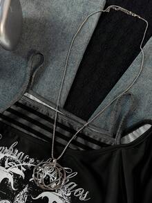 Attitoon 休闲复古朋克 Y2K 百搭派对机场装，做旧花卉英式印花图案，舒适女式撞色二合一不对称肩带条纹修身短袖T恤，颓废风格，适合秋冬季节，图案T恤 - 彩色 - 查看 5