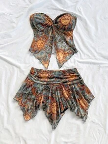 Soleia Women's Apricot Lace Top And Skirt Set, Suitable For Vacation, Beach, Music Festival, Party, Summer Outfit - Multicolor - View 3