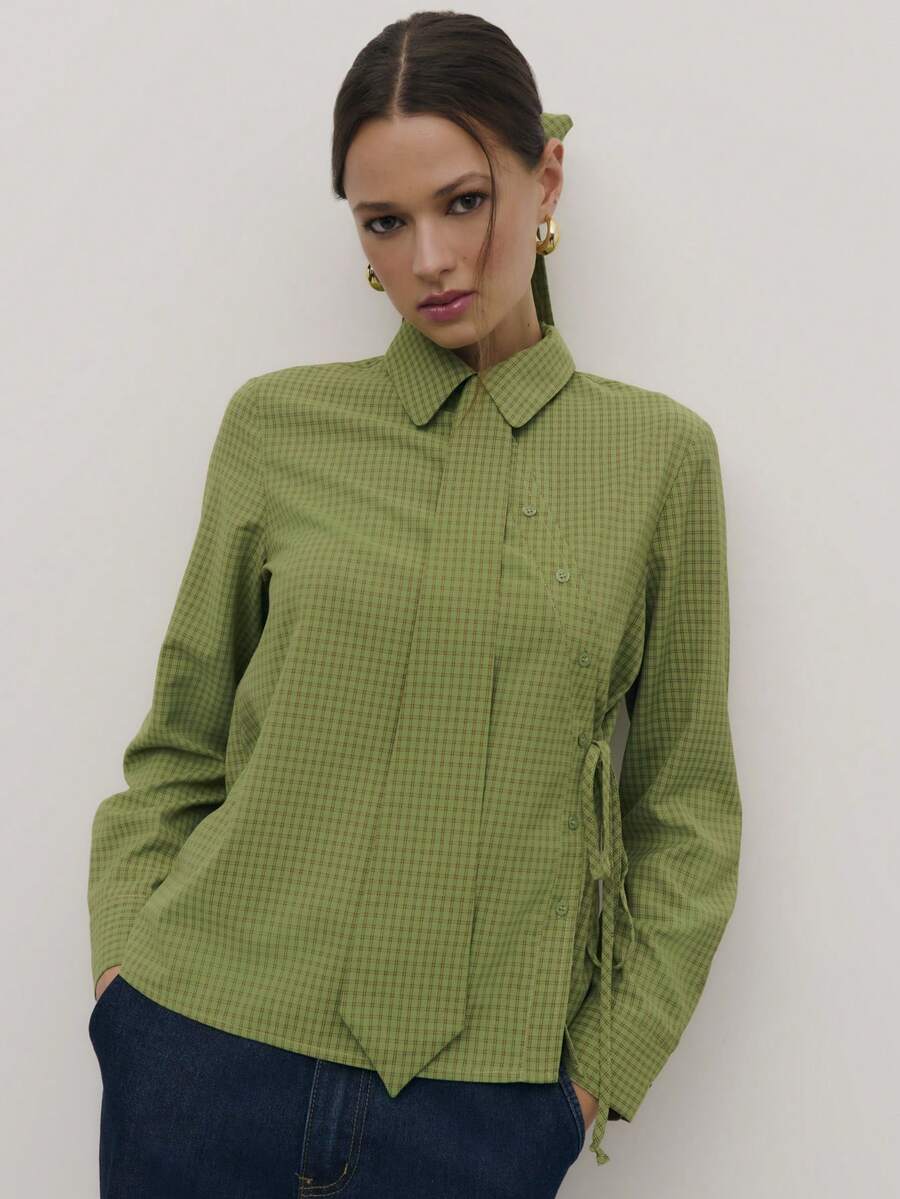Nöista Check Wrap Shirt Checked Wrap-Style Shirt With Tie Detail And Tailored Fit. Modern, Flattering And Easy To Style-Ideal For Valentine's Day Casual Looks, Smart-Casual Outfits And Transitional Season Wear. - Green - View 1