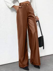 EURMUSE Prive Gold Button Detailed Straight Fit Leather Pants - Chocolate Brown - View 5
