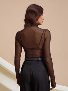 SHEIN Tall 斯德哥尔摩风格，2025女士夏季新款系列，高领毛领上衣，适合春夏穿着，新年女士上衣，网纱长袖透视上衣 - 棕色 - 查看 7