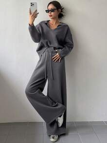 DAZY Setelan Dua Potong Wanita Musim Gugur dan Musim Dingin Kasual Sehari-hari Longgar Warna Polos Sweater dan Celana Panjang Lebar, Pakaian Wanita Musim Gugur - Dark Grey - View 7