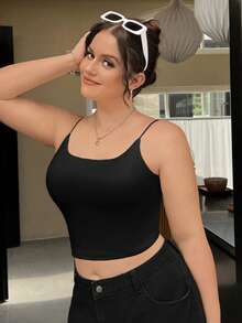 CovetEZ Plus Size Women's Solid Color Spaghetti Strap Camisole With Built-In Padded Bra - Black - View 6