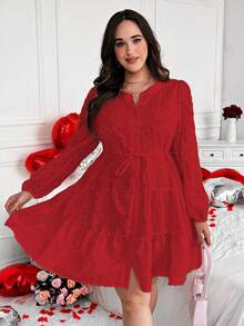 Vionelle Vestido de manga larga con cuello mao, abertura frontal y bajo jacquard, con elementos de San Valentín como rosa, corazón, lunares, amor, labios, cupido, flor 94D en tallas grandes - Rojo - Ver 5