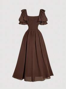 SHEIN MOD 棕色雪纺拼接PU腰部复古喇叭袖A字连衣裙，度假装扮