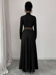 SHEIN Elenzya Women's Luxury Solid Color Long Knit Dress, Half-High Collar Design Slim Fit, Waist Belt Decor Slimming, Retro Elegant Dress, Suitable For Daily, Date, Dinner, Couple Matching, Autumn/Winter Inner Layer, Spring Outer Layer - Black - View 2