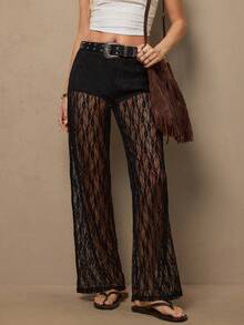 Freevana 女士弹力腰带花卉蕾丝直筒宽松时尚裤