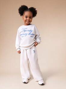 SUMWON Girls Heathered Grey Crewneck Sweatshirt And Jogger Pants Co-Ord Set With Blue Text Print Twenty Three Studios Vacation - Grey - View 3