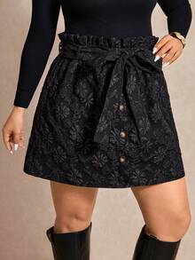 Elaquor 大码女式荷叶边腰部花卉提花纽扣设计优雅半身裙 - 黑色 - 查看 4