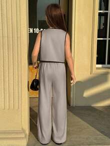 SHEIN Nova Glow 2 món/bộ đồ vest thắt nơ cổ tròn màu tương phản và quần lửng cho bé gái tuổi mới lớn, thời trang giản dị, đi làm, xuân/hè - Xám - Xem 2