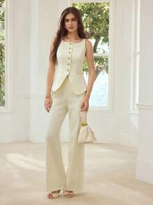 MOTF PREMIUM 女士优雅日期纽扣装饰背心和裤子两件套，春夏款 - 杏色 - 查看 3